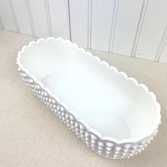 White Hobnail Bowl, Oblong Bowl, Decorative Bowl with Scalloped Edge - Picture 7 of 10